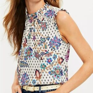 Loft Vine Cutout Ruffle Mixed Media Shell Sz XL